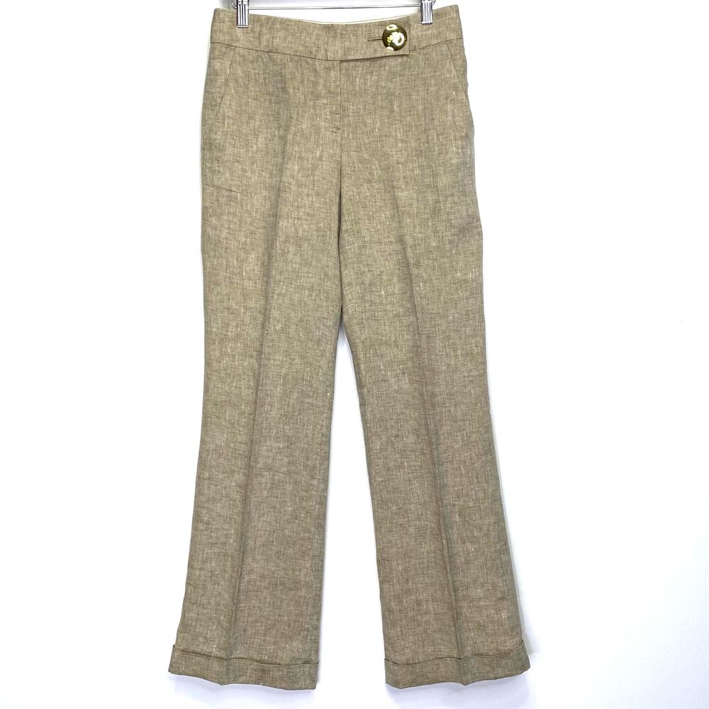 Tory Burch Beige Wide Leg Pants 100% Linen Sz 2 Logo Button Summer Luxury Y2K